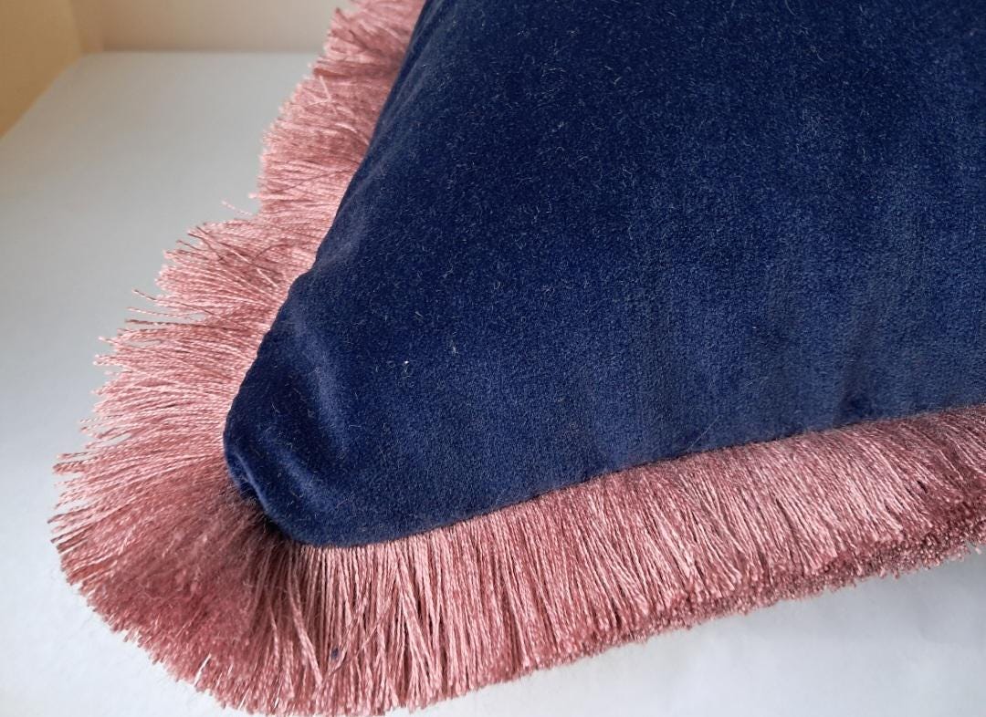 Velvet Pillow Cover, Navy Cotton Velvet Cushion, Midnight Blue with Dusty Pink Fringe