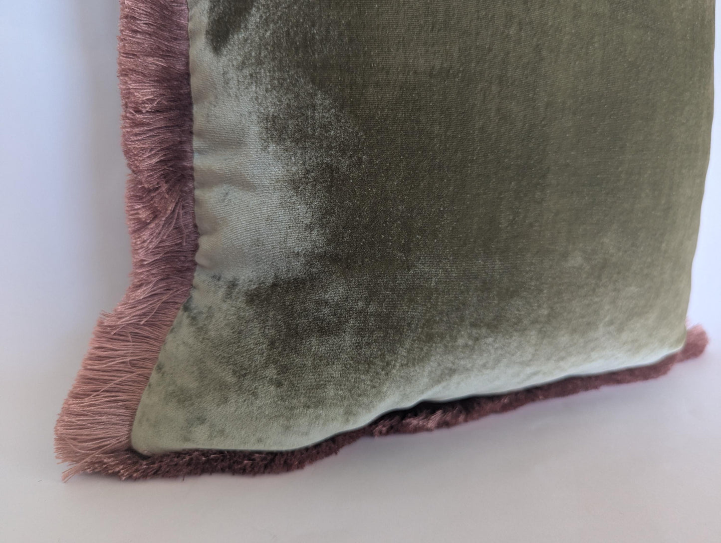 Velvet Pillow Cover, Silk Velvet Cushion, Sage Green with Dusty Pink Fringe Trim