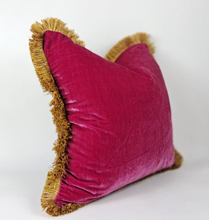 Velvet Throw Pillow, Silk Velvet Cushion, Cerise Pink with Gold Fringe Trim