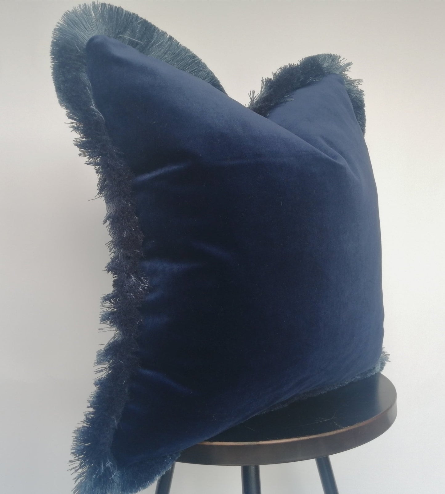 Navy Silk Velvet Pillow Cover, Dusty Blue Fringe Cushion, Living Room Accent