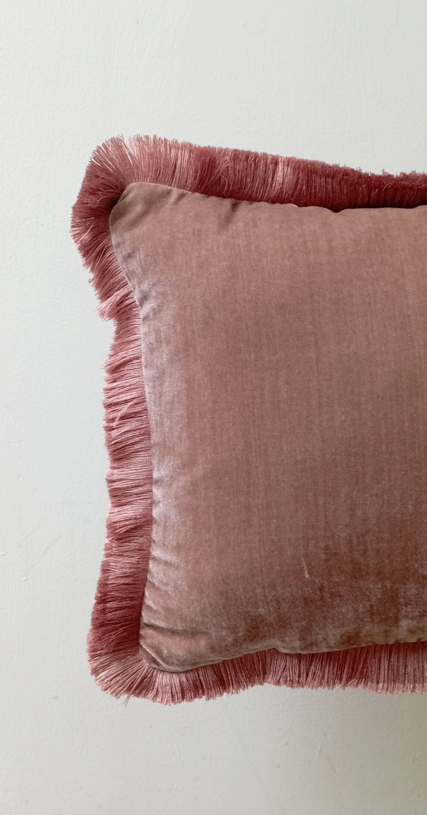Silk Velvet Throw Pillow with Dusty Rose Fringe Trim