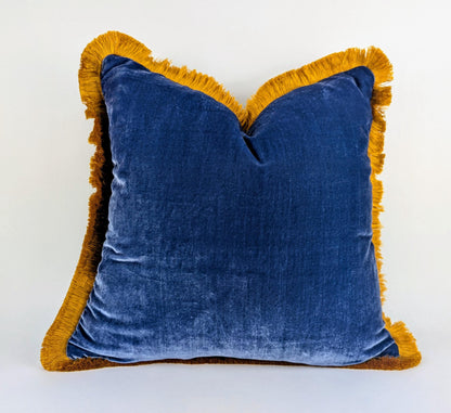 Blue Silk Velvet Pillow Covers - Blue and Gold Fringe Cushion - Royal Home Decor
