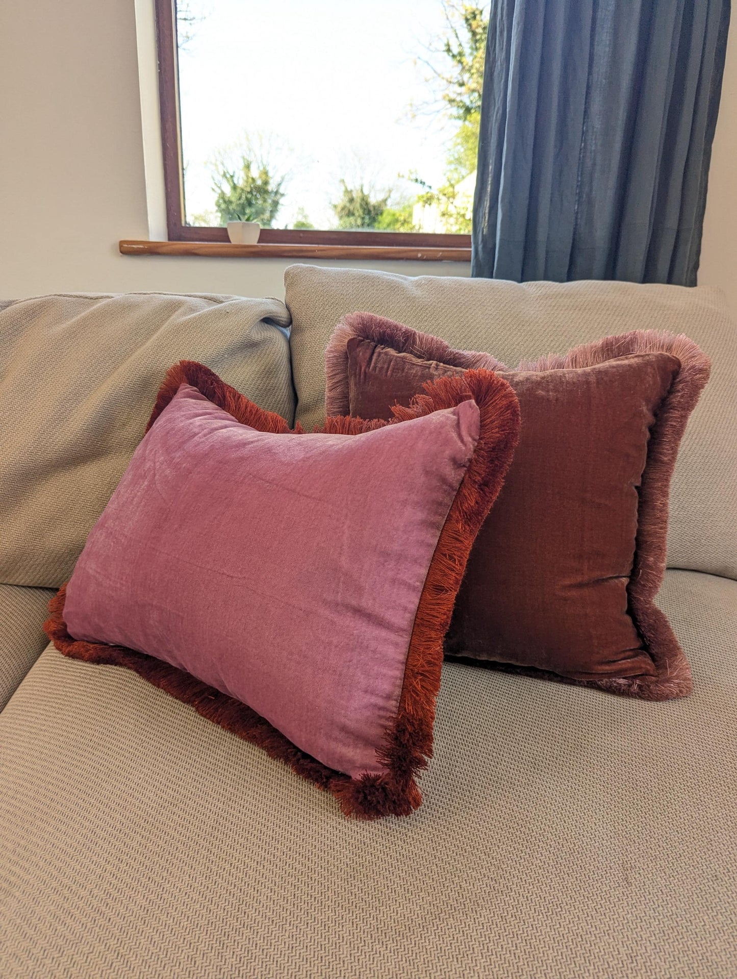 Pink Velvet Pillows , Velvet Cushion, Vintage Rose with Rusty Orange Fringe