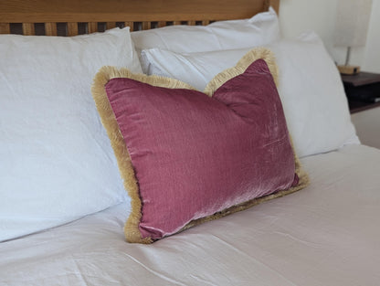 Velvet Pillow Cover, Silk Velvet Cushion, Vintage Rose with Ivory Fringe Trim