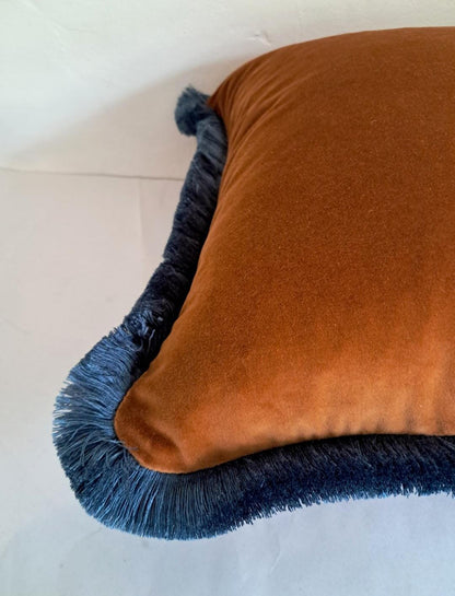 Velvet Throw Pillow Cover, Brown Cotton Velvet Cushion, Rust with Dusty Blue Fringe