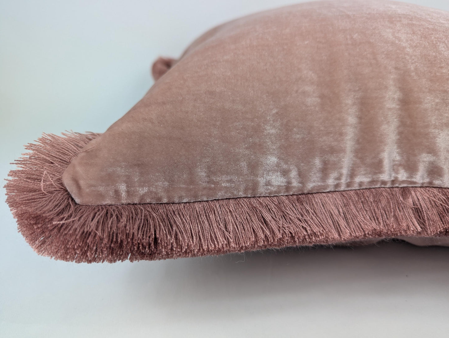 Velvet Throw Pillow, Silk Velvet Cushion, Dusty Rose with Dusty Pink Fringe Trim