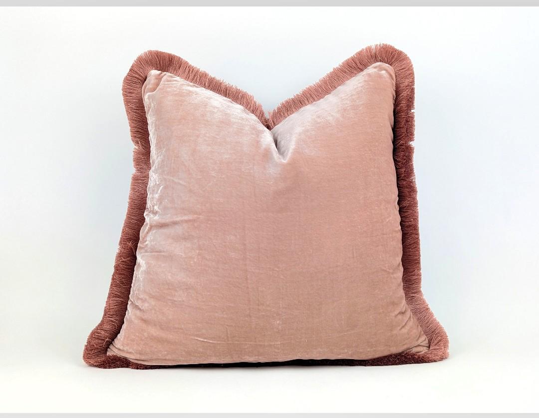 Silk Velvet Throw Pillow with Dusty Rose Fringe Trim