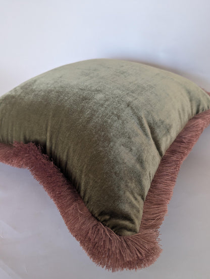 Velvet Pillow Cover, Silk Velvet Cushion, Sage Green with Dusty Pink Fringe Trim