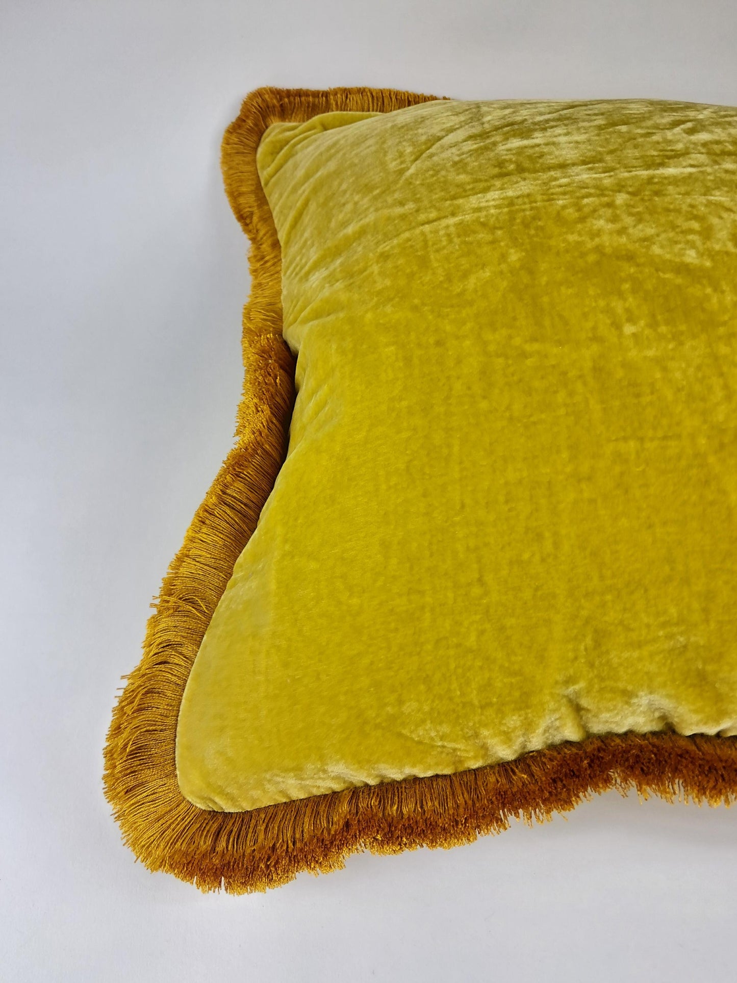 Silk Velvet Throw Pillow Cover – Yellow Fringe Cushion, Custom Made