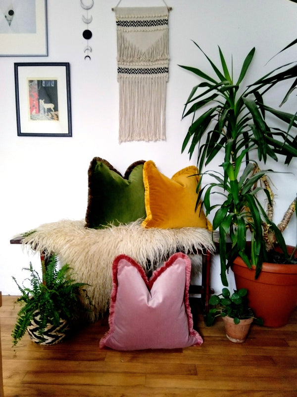 Dusty Pink Velvet Throw Pillow - Pink Velvet Fringe Cushion