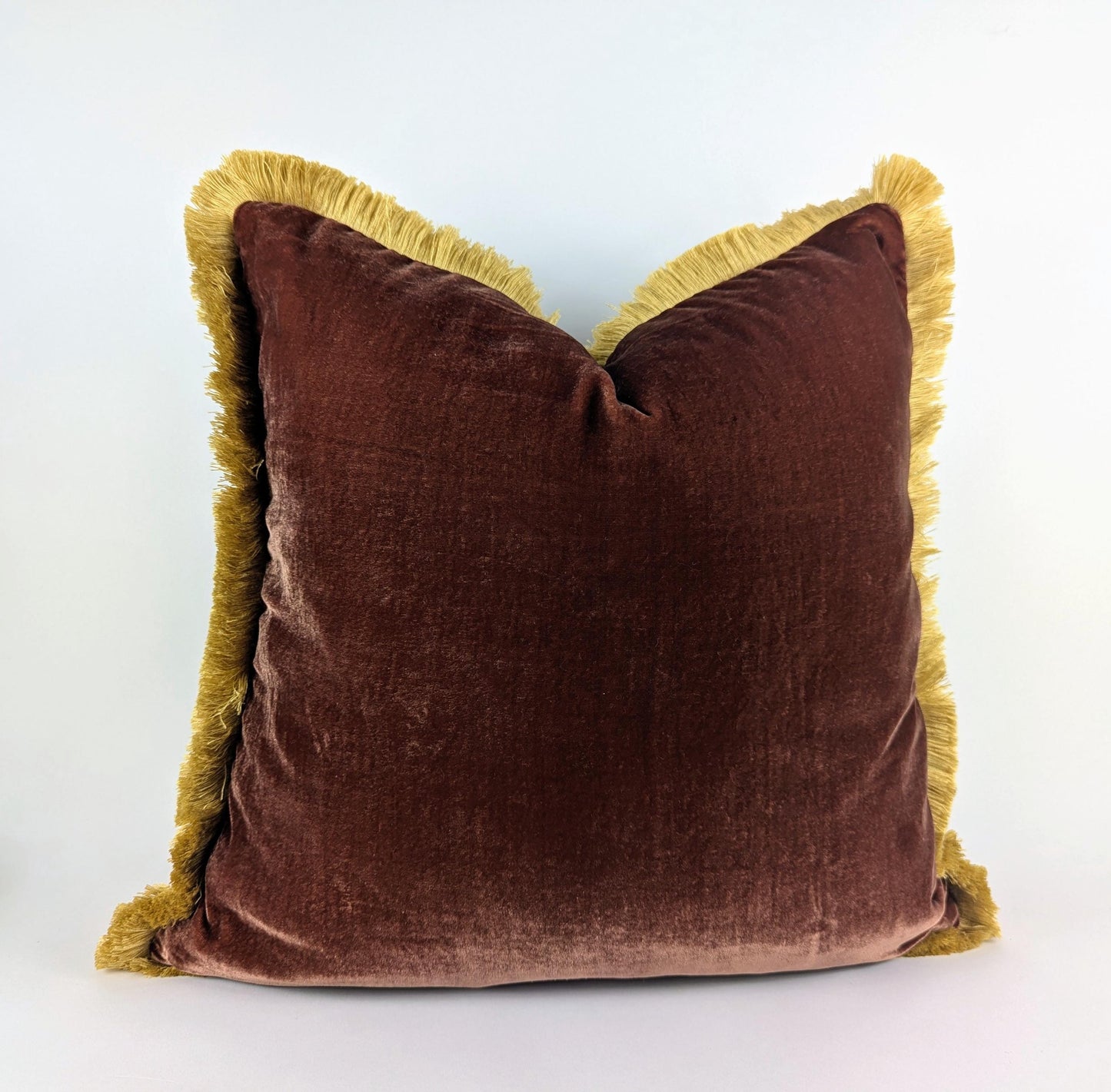 Velvet throw Pillow, Silk Velvet Cushion, Chocolate Brown with Beige Fringe Trim