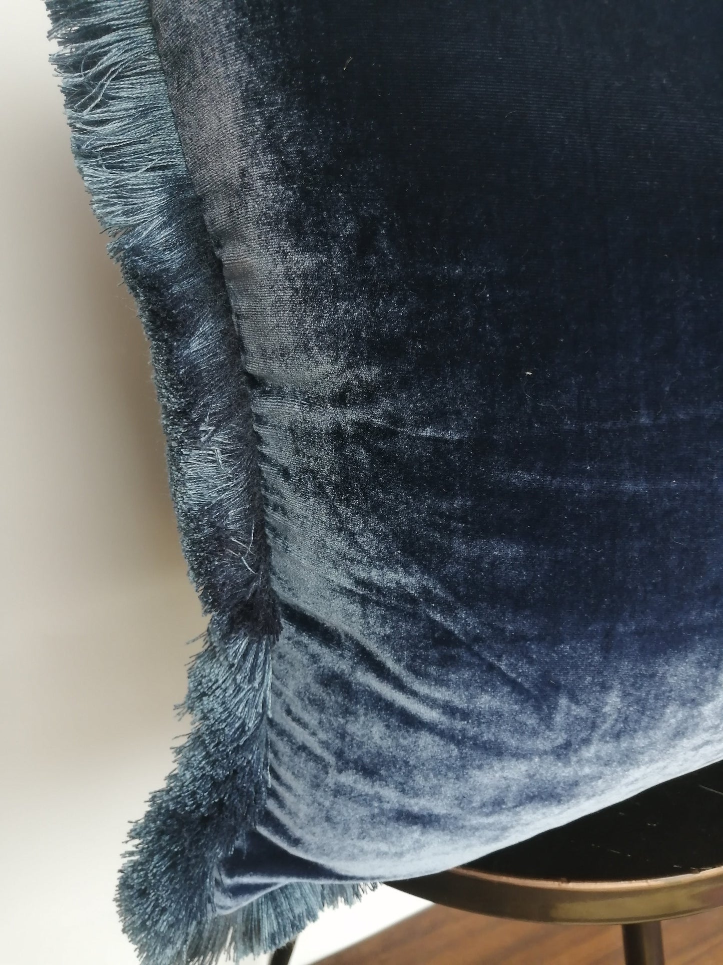 Navy Silk Velvet Pillow Cover, Dusty Blue Fringe Cushion, Living Room Accent