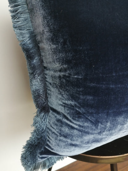 Navy Silk Velvet Pillow Cover, Dusty Blue Fringe Cushion, Living Room Accent