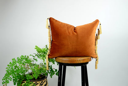 velvet tassel pillow // beaded tassel pillow // copper velvet pillow // rust velvet pillow