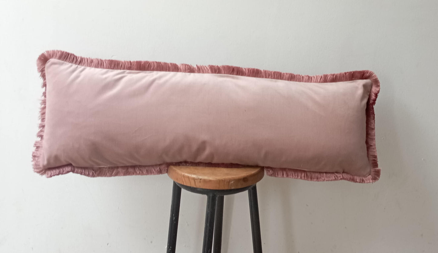 Silk Velvet Lumbar Pillow, Dusty Pink Fringe Trim Cushion