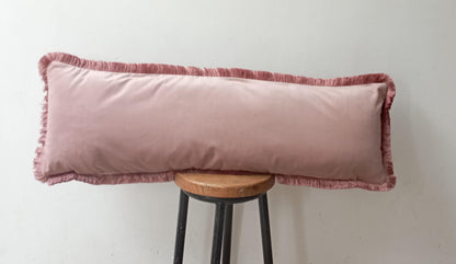 Silk Velvet Lumbar Pillow, Dusty Pink Fringe Trim Cushion