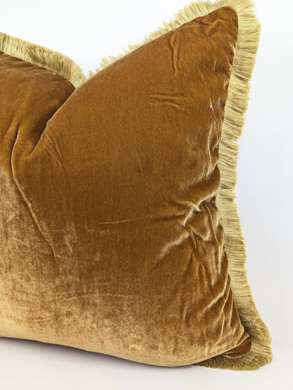 Velvet Throw Pillow Cover, Silk Velvet Cushion, Caramel with Beige Fringe Trim