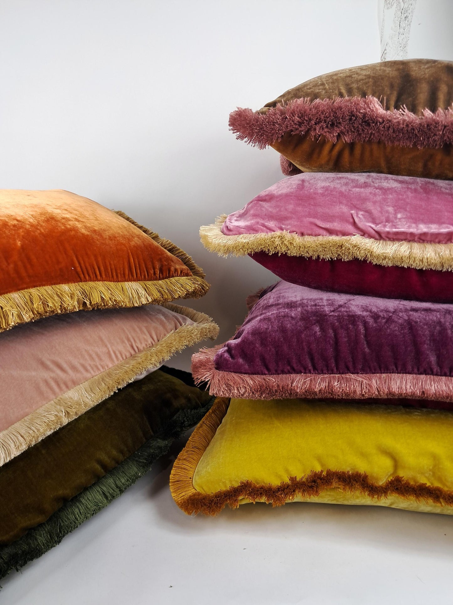 Silk Velvet Throw Pillow Cover – Yellow Fringe Cushion, Custom Made