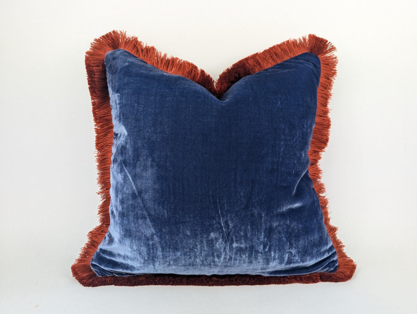 Velvet Throw Pillow, Silk Velvet Cushion, Blue with Rusty Orange Fringe Trim
