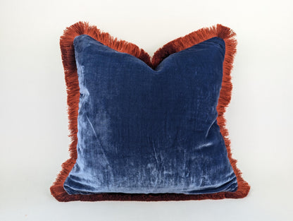Velvet Throw Pillow, Silk Velvet Cushion, Blue with Rusty Orange Fringe Trim