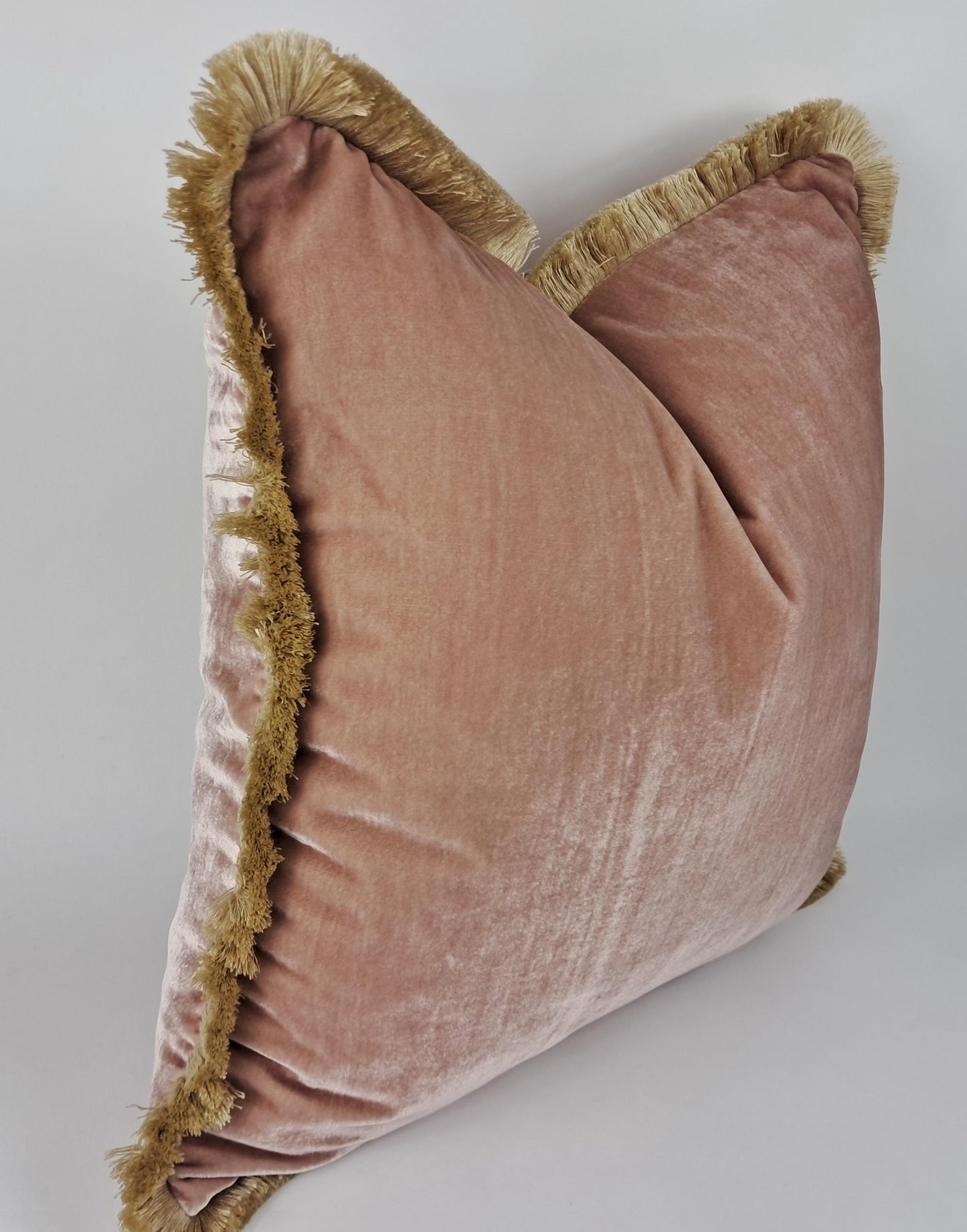 Velvet Pillow, Silk Velvet Cushion, Dusty Rose with Beige Fringe Trim