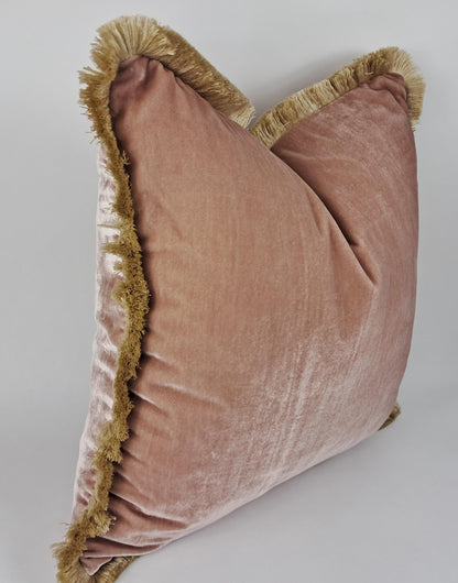 Velvet Pillow, Silk Velvet Cushion, Dusty Rose with Beige Fringe Trim