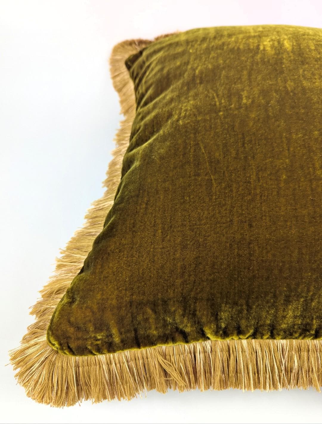 Velvet Pillow Cover, Silk Velvet Cushion, Chartreuse Green with Gold Fringe Trim