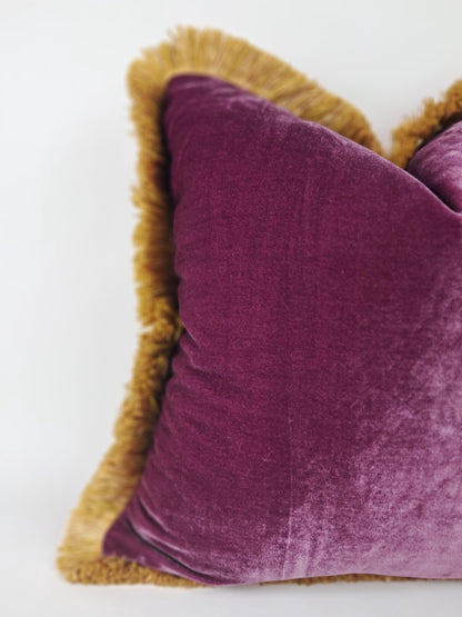 Velvet Pillow Cover, Silk Velvet Cushion, Plum Purple with Gold Fringe Trim