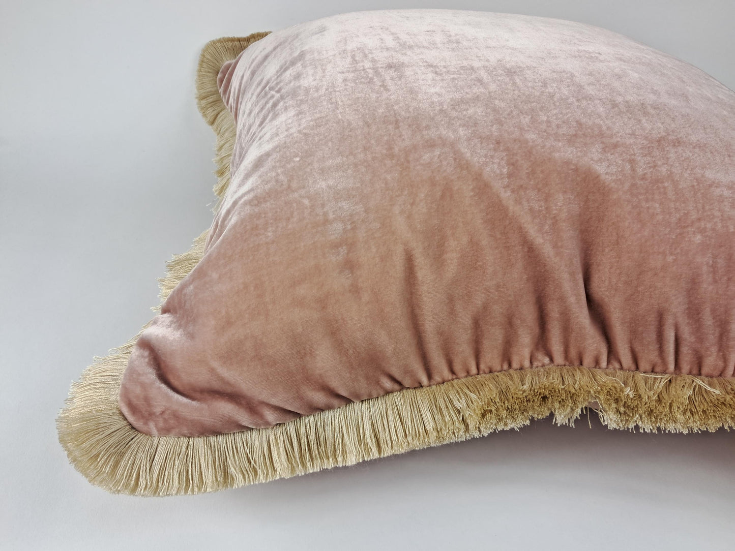 Velvet Pillow, Silk Velvet Cushion, Dusty Rose with Beige Fringe Trim