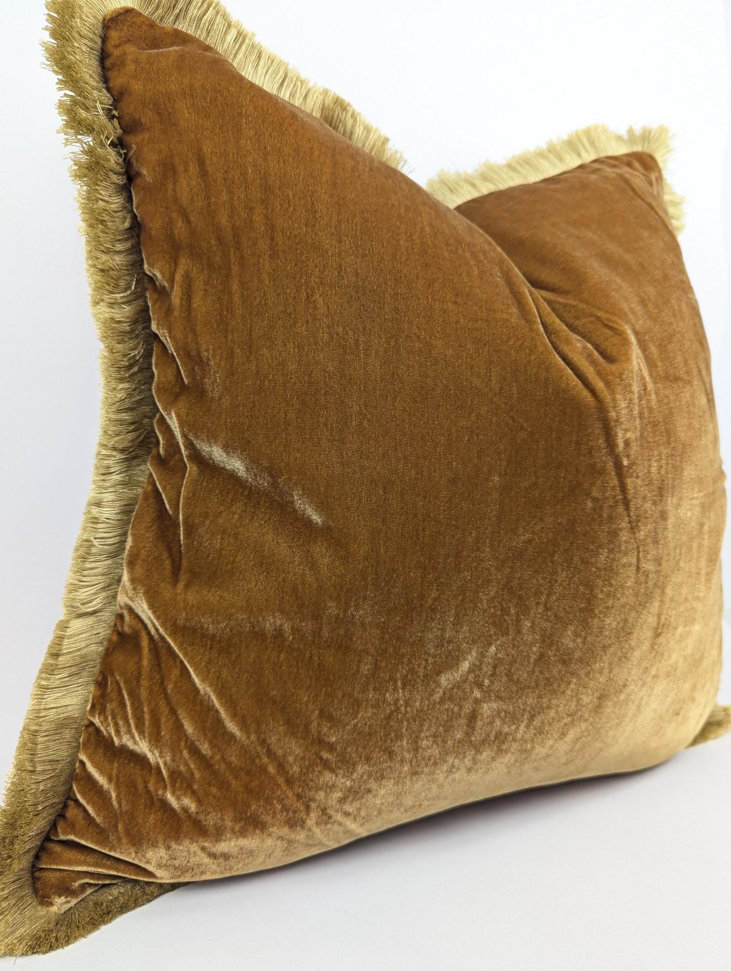Velvet Throw Pillow Cover, Silk Velvet Cushion, Caramel with Beige Fringe Trim