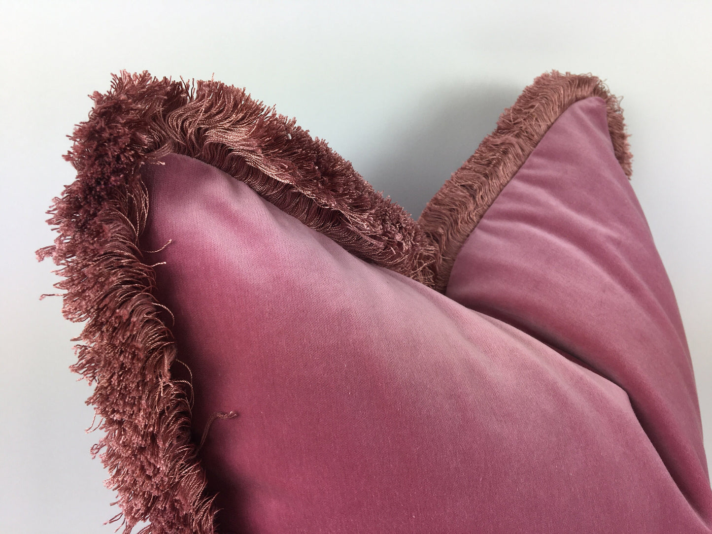 Silk Velvet Throw Pillow, Fuschia Pink Cushion with Dusty Pink Fringe