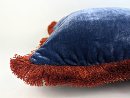 Velvet Throw Pillow, Silk Velvet Cushion, Blue with Rusty Orange Fringe Trim