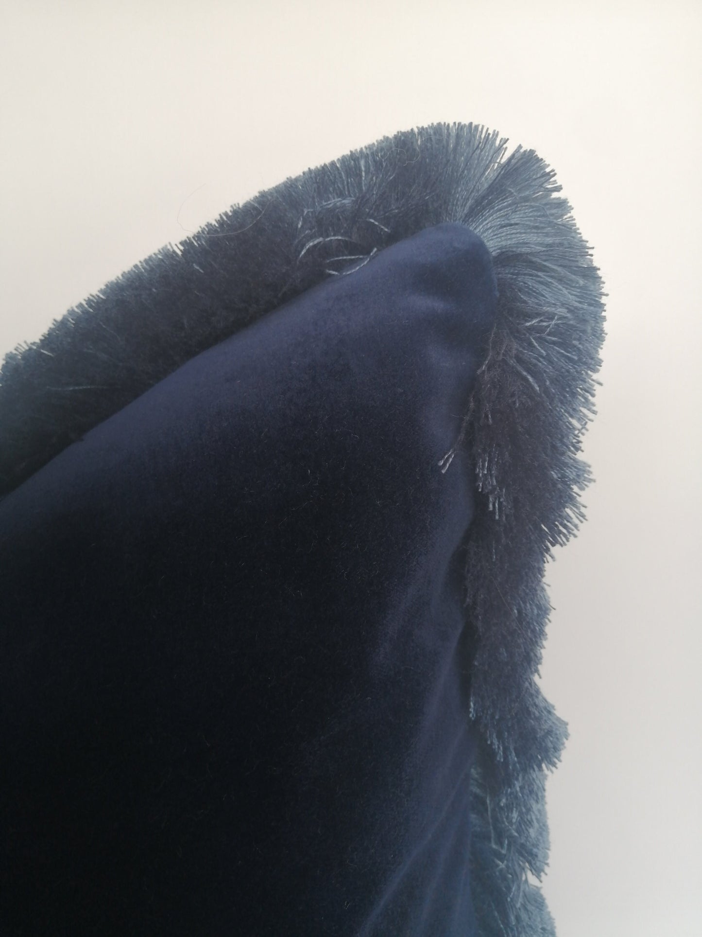 Navy Silk Velvet Pillow Cover, Dusty Blue Fringe Cushion, Living Room Accent