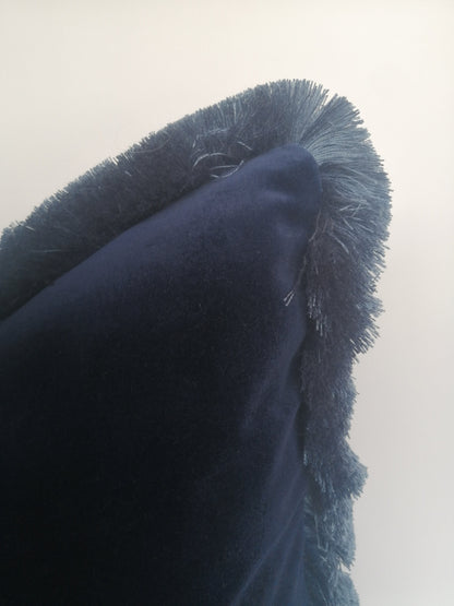 Navy Silk Velvet Pillow Cover, Dusty Blue Fringe Cushion, Living Room Accent