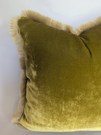 Velvet Pillow Cover, Silk Velvet Cushion, Citrine with Ivory Fringe Trim