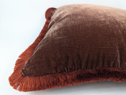 Velvet Pillow Cover, Silk Velvet Cushion, Brown with Orange Frim Trim