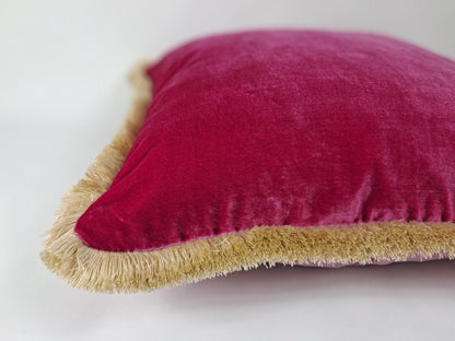 Cerise Silk Velvet Throw Pillows - Pink Fringe Cushion - Pink Home Decor