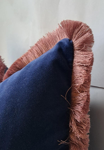 Velvet Pillow Cover, Navy Cotton Velvet Cushion, Midnight Blue with Dusty Pink Fringe