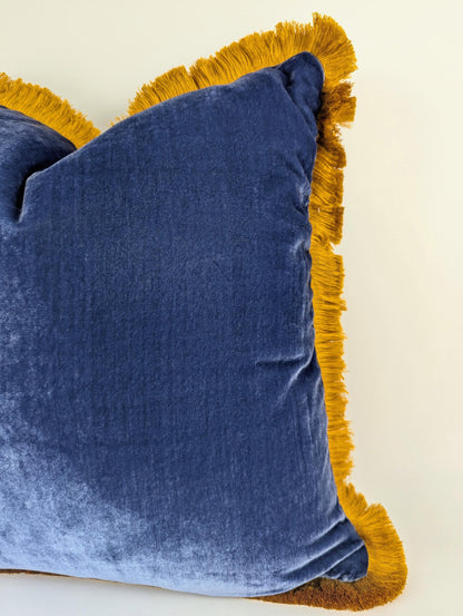 Blue Velvet Pillow Covers - Blue and Gold Fringe Cushion - Royal Home Decor