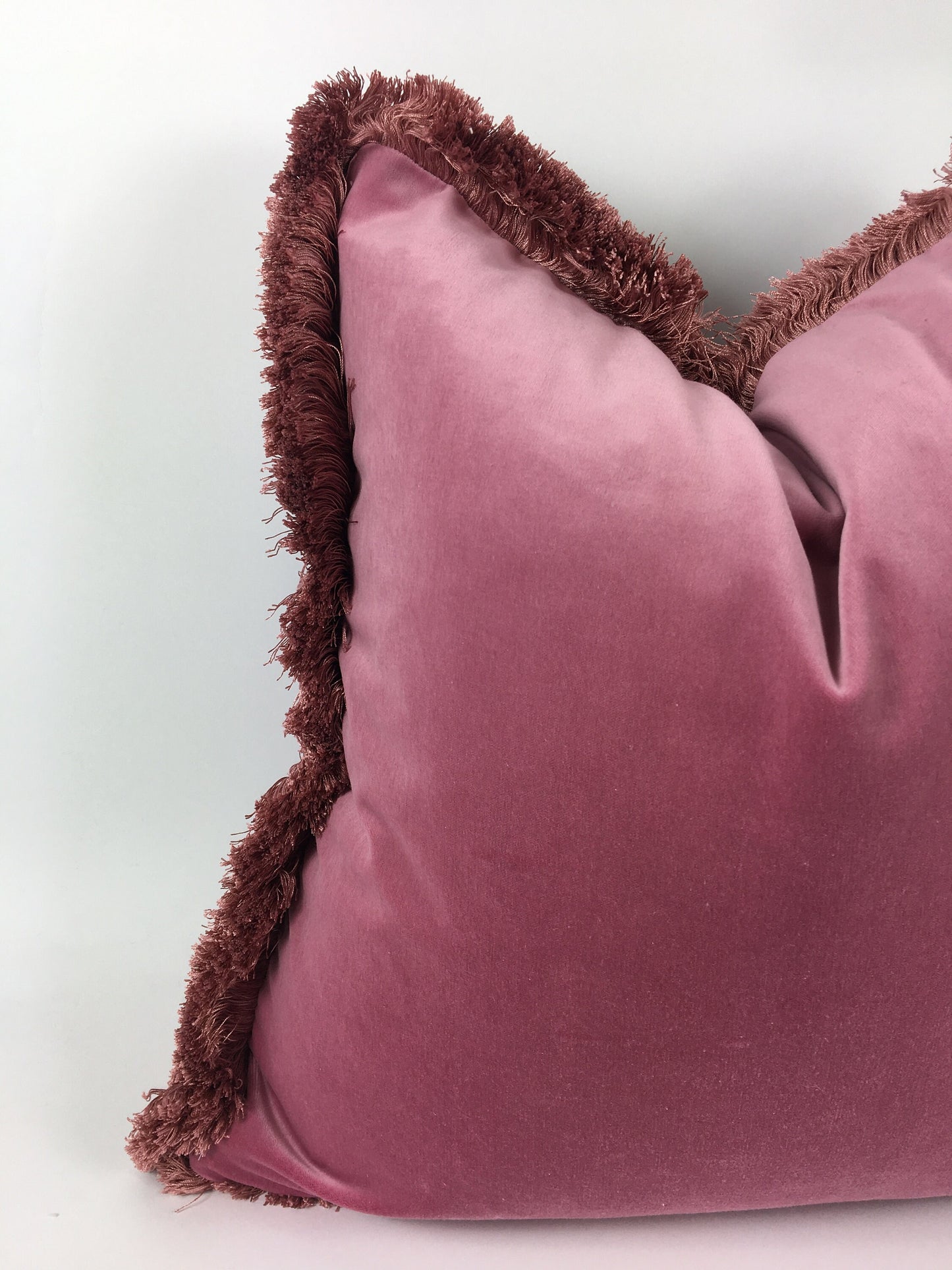 Silk Velvet Throw Pillow, Fuschia Pink Cushion with Dusty Pink Fringe