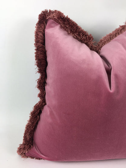 Silk Velvet Throw Pillow, Fuschia Pink Cushion with Dusty Pink Fringe
