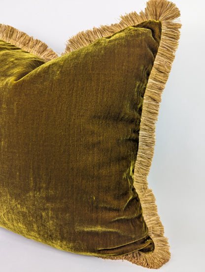 Chartreuse Silk Velvet Throw Pillow Covers - Green and Gold Fringe Cushion - Maximalist Pillow