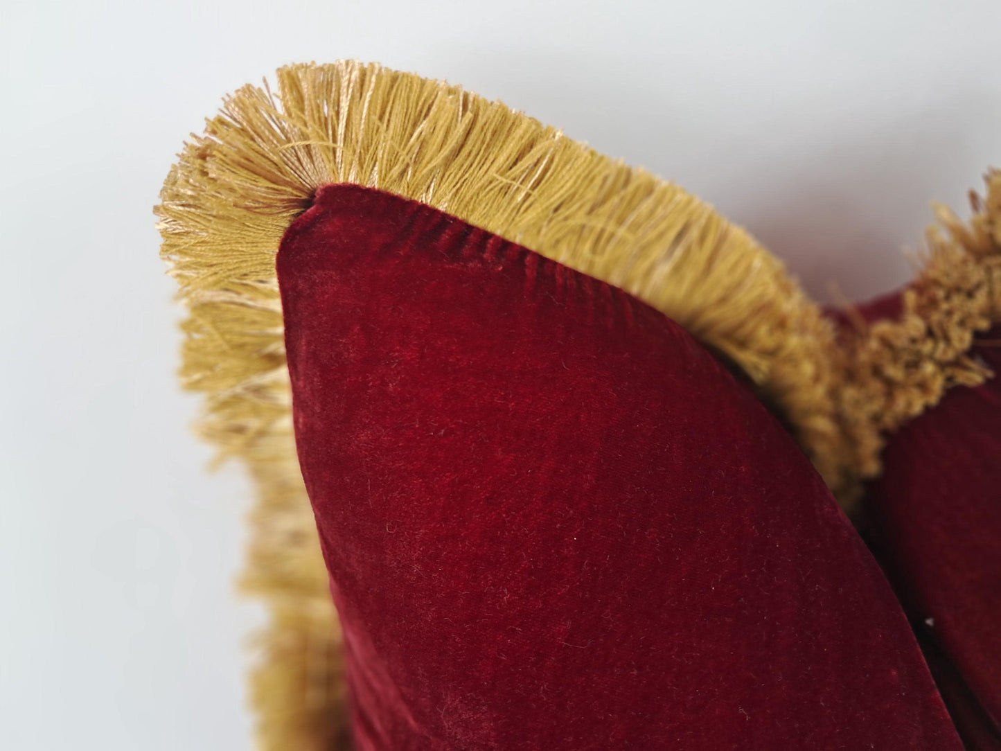 Velvet Pillow Cover, Silk Velvet Cushion, Redcurrant with Gold Fringe Trim