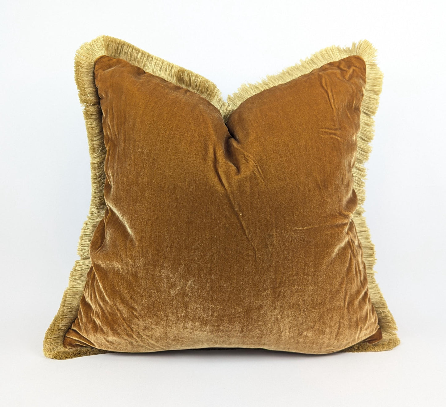 Velvet Throw Pillow Cover, Silk Velvet Cushion, Caramel with Beige Fringe Trim