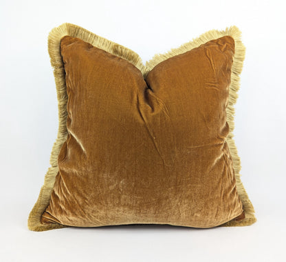 Velvet Throw Pillow Cover, Silk Velvet Cushion, Caramel with Beige Fringe Trim