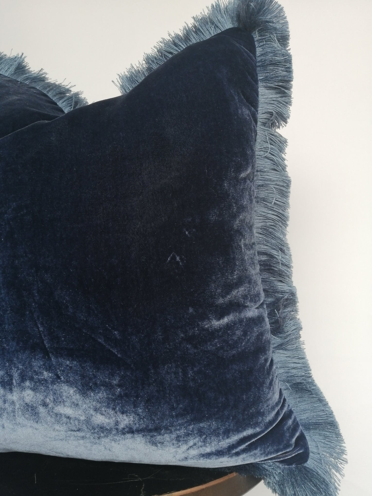 Navy Silk Velvet Pillow Cover, Dusty Blue Fringe Cushion, Living Room Accent