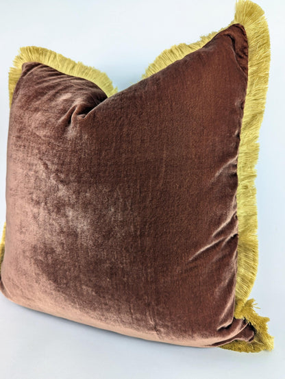 Velvet throw Pillow, Silk Velvet Cushion, Chocolate Brown with Beige Fringe Trim