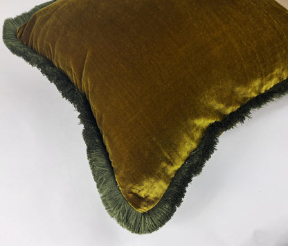 Velvet Pillow Cover, Silk Velvet Cushion, Chartreuse Green with Moss Green Fringe Trim
