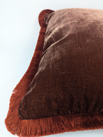 Velvet Pillow Cover, Silk Velvet Cushion, Brown with Orange Frim Trim