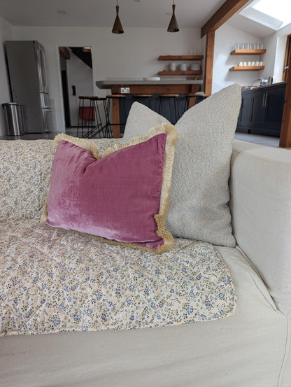 Velvet Pillow Cover, Silk Velvet Cushion, Vintage Rose with Ivory Fringe Trim